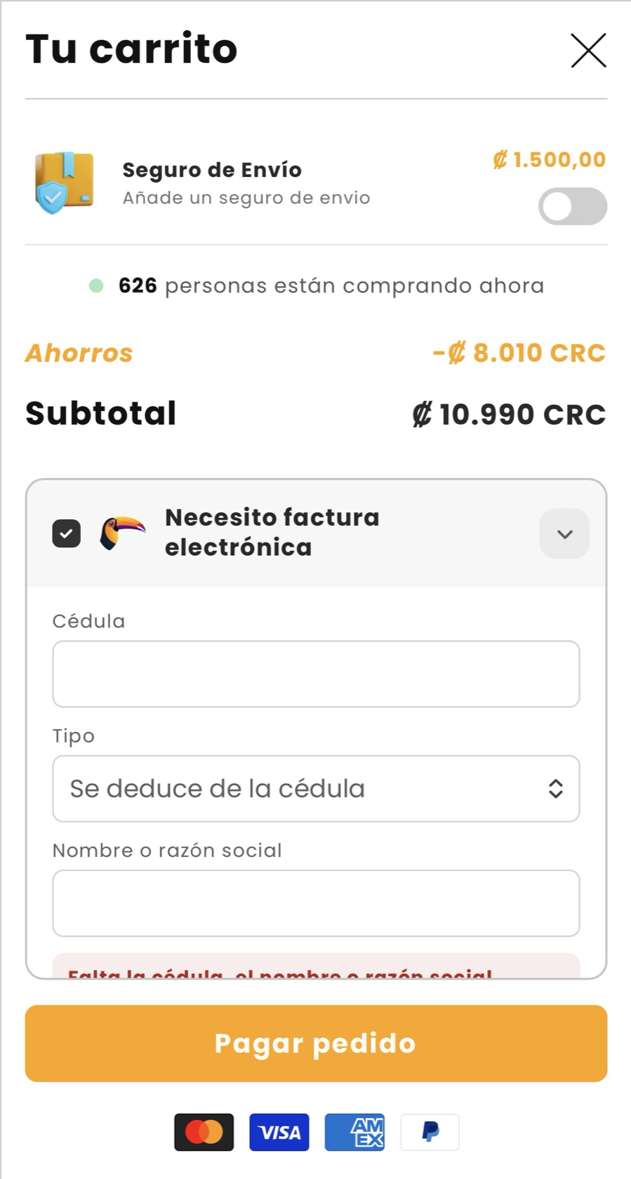 Carrito de la misma tienda en el celular, con la casilla «Necesito factura electrónica»