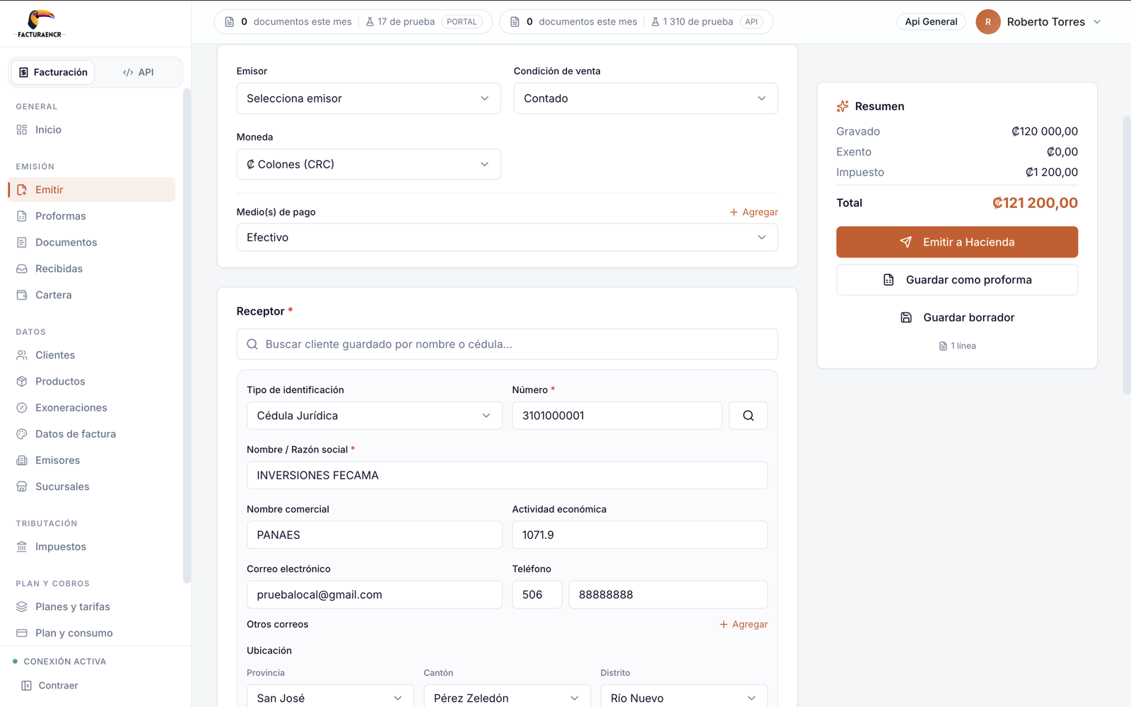 Portal de Facturaencr — pantalla de emisión de comprobantes